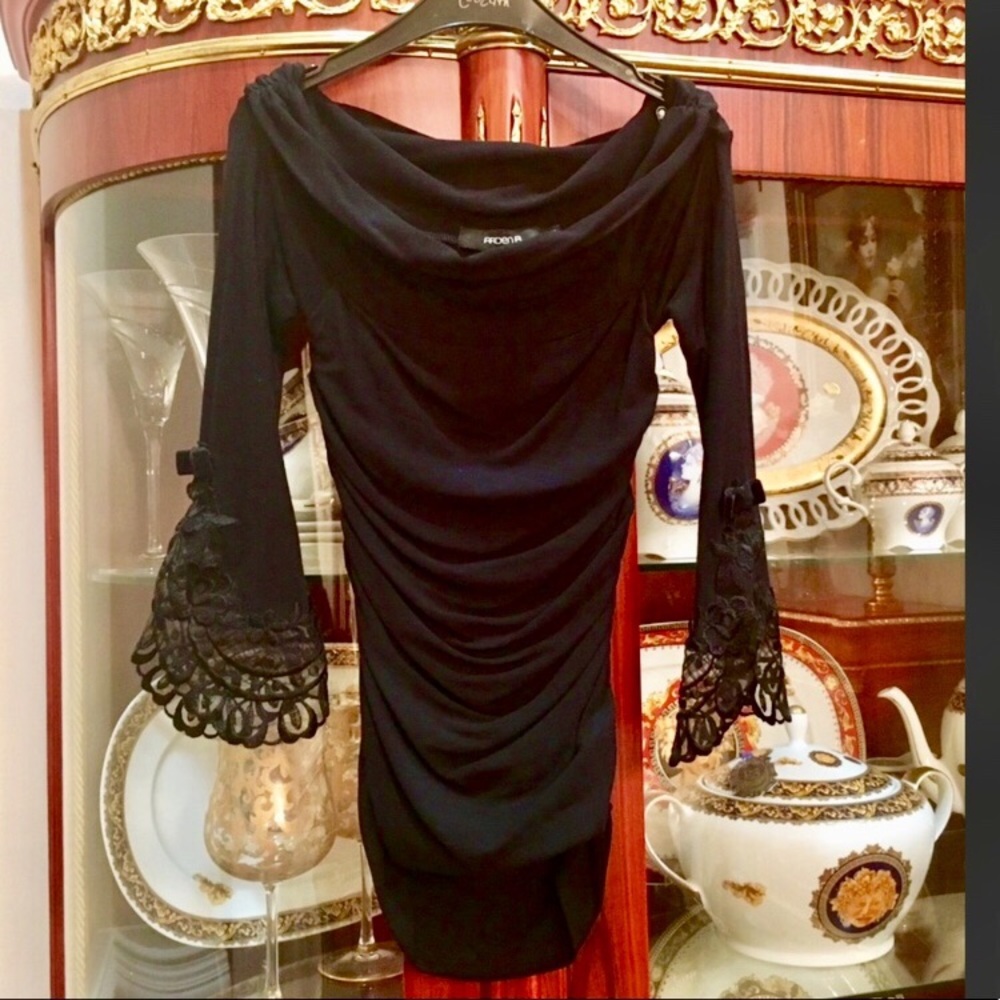 Arden B Off shoulder ruched black top with embroidered  detail sleeves sz.S